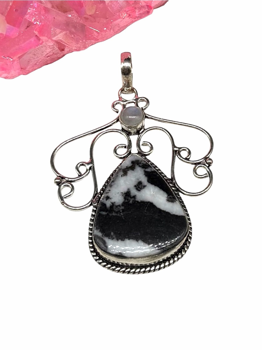 White Buffalo Turquoise & Moonstone Necklace Pendant 925 Sterling Silver Overlay
